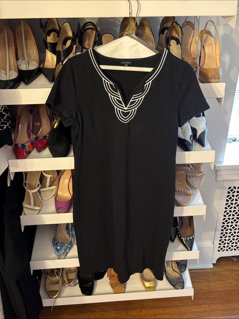 Talbots Black Short-Sleeve Shift Dress with White Embroidered Neck